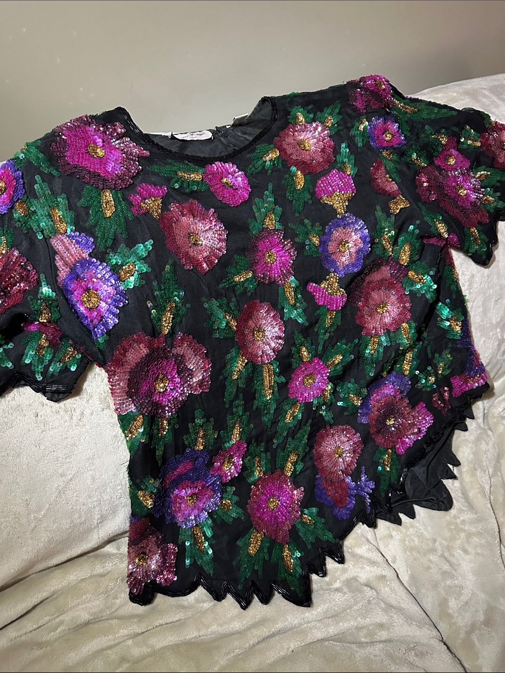 Laurence Kazar Black Sequin Floral Top with Pink, Purple & Green Accents